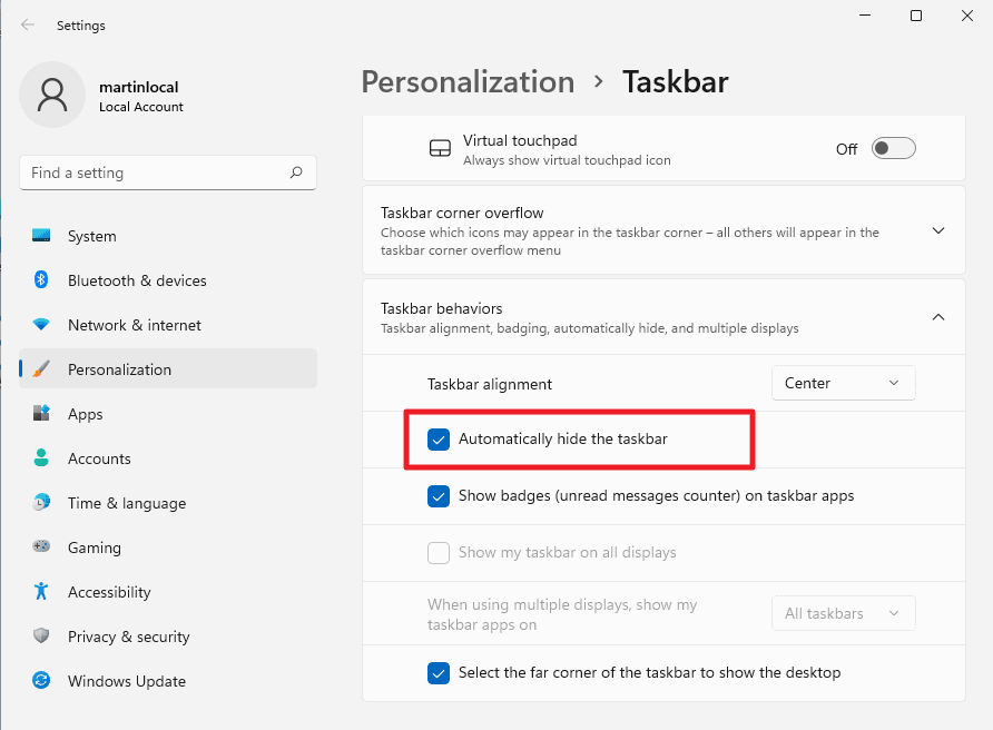 How to hide taskbar windows 11